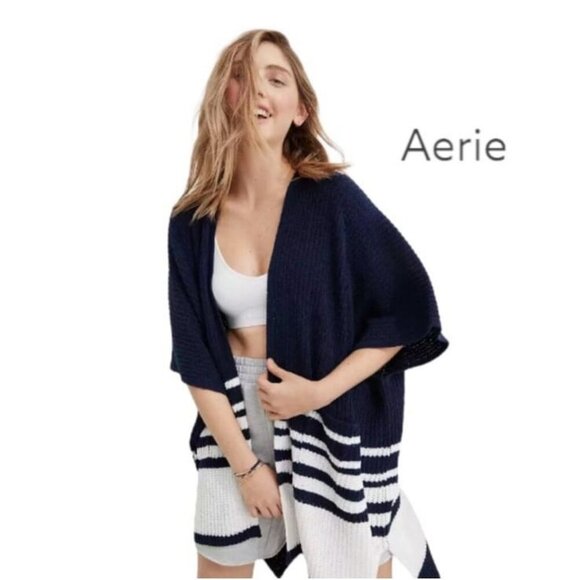 NWT Aerie Navy Blue White Oversized Long Heavy Knit Cardigan Size X-Small Small - Picture 1 of 7